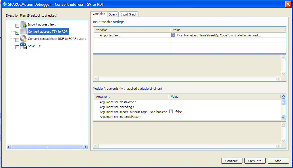 SPARQLMotion Debugger window with sample script